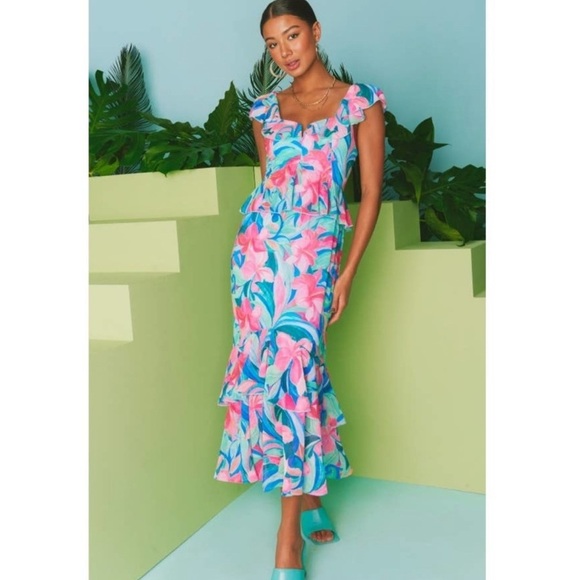 NEW Show Me Your Mumu Reese Ruffle Midi Dress in Hibiscus Punch Crinkle Small - Picture 1 of 12